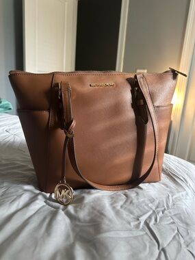 Michael Kors Cognac Leather Tote with Gold MK Charm